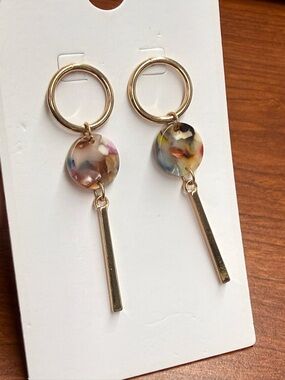 Gold Hoop Earrings with Multicolor Resin Disc and Bar Drop